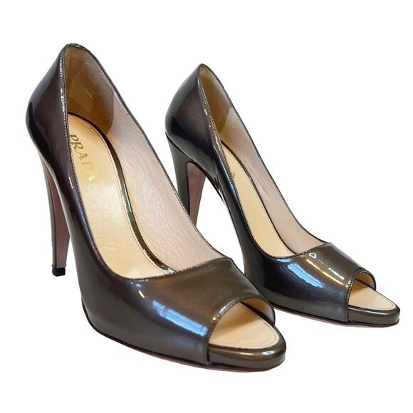 Prada Womens Pantent Leather Napa Silk Sasso Brown Peep Toe Heels With Box 38.5 - Picture 4 of 16